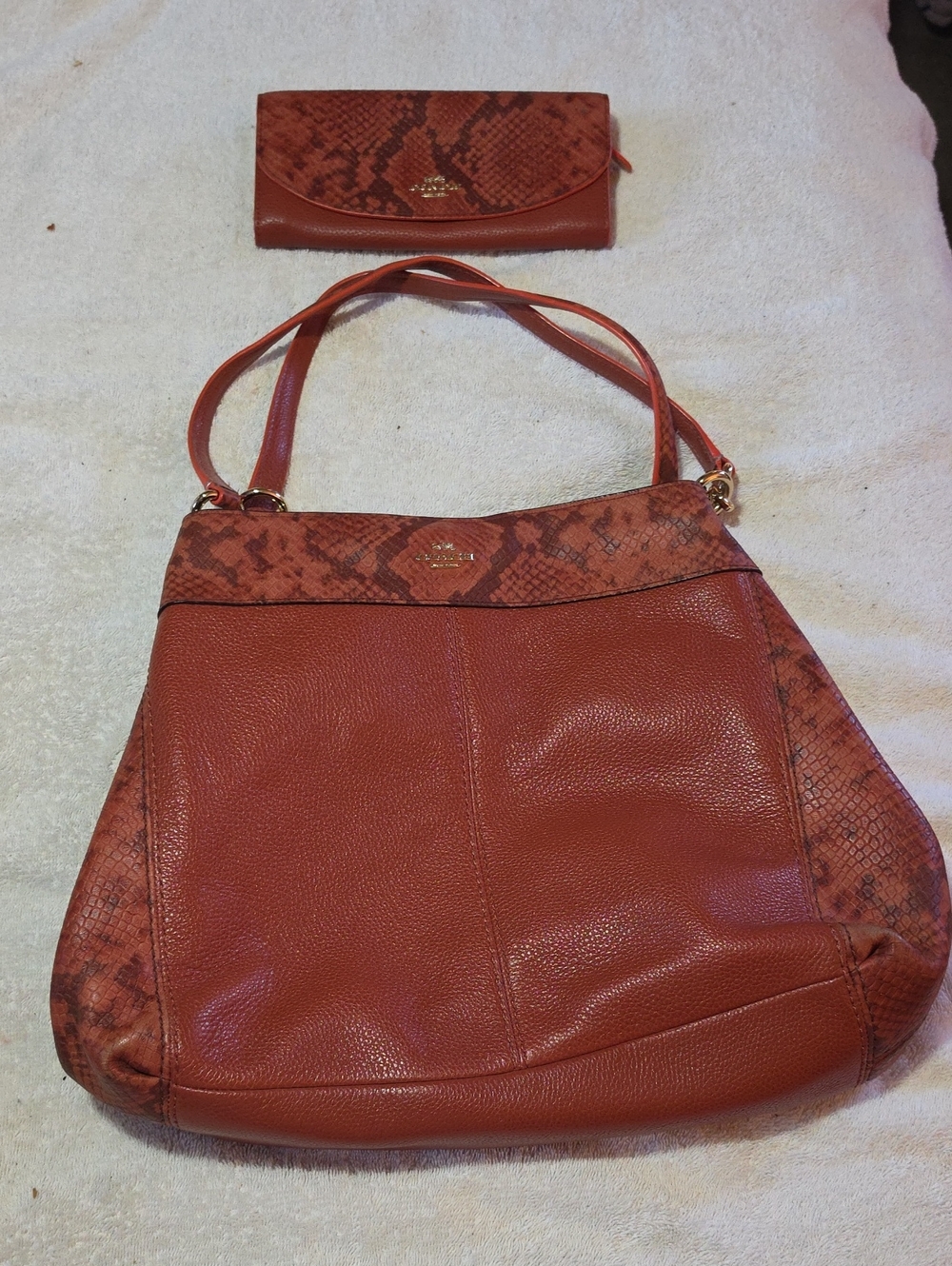 Coach Rust Leather Shoulder Bag with Snakeskin-Print Trim
